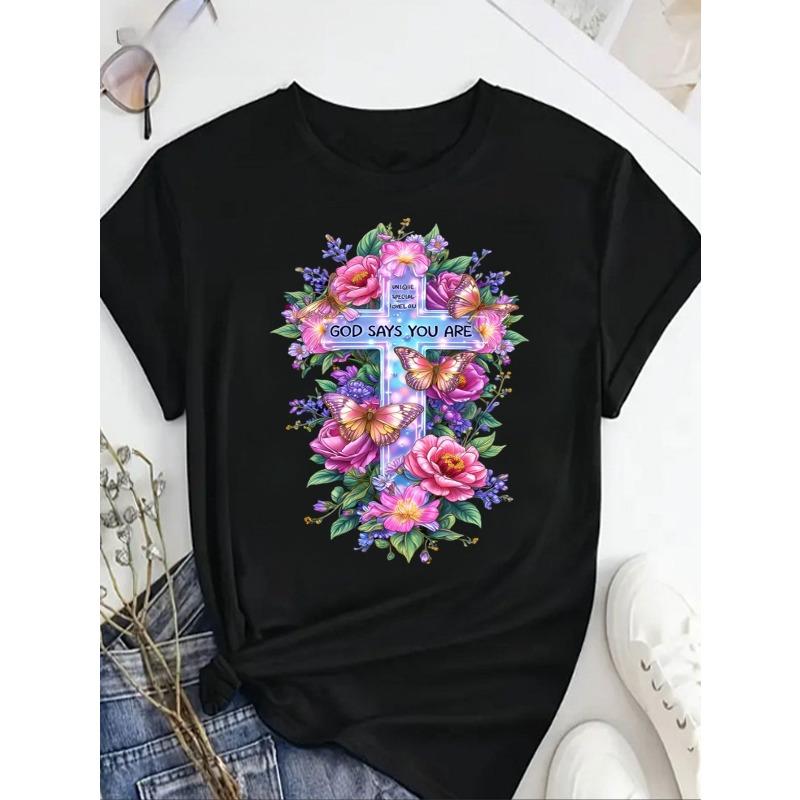 European Size Women's Short Sleeve T-Shirt Compatible for God Said You Were Unique Verse Top - Butterfly Flower Cross Design