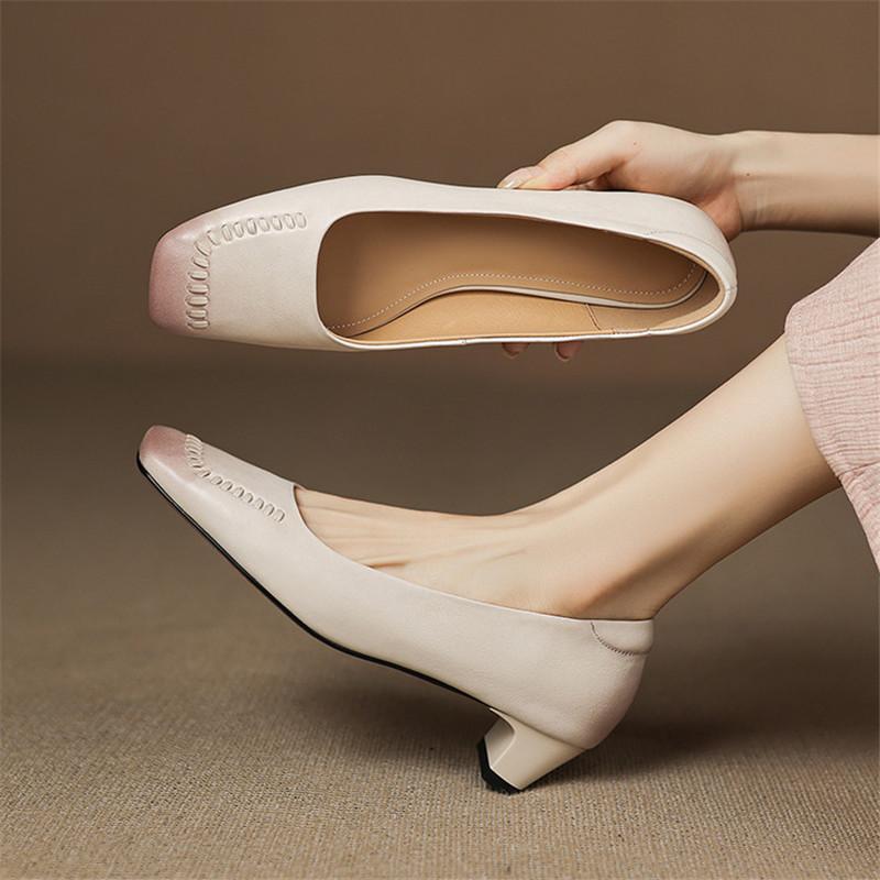 Fashion New Spring/autumn Genuine Leather Women Shoes Square Toe Shoes for Women Fashion Concise Shoes Mid Heels Handmade Women Pumps