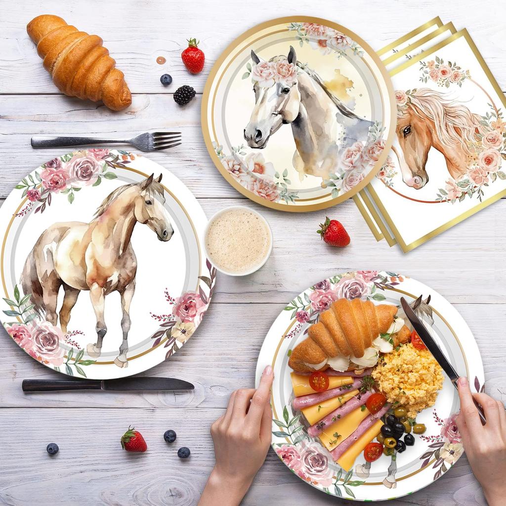 50Pcs Horse Theme Birthday Party Tableware Set with Paper Plates, Cups, Napkins for Holiday Celebration (No FDA)