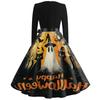 Women Casual Vintage V Neck Dress Halloween Printed Long Sleeve Fit Flare Midi Dress with Waist Tie for Seasonal Wear