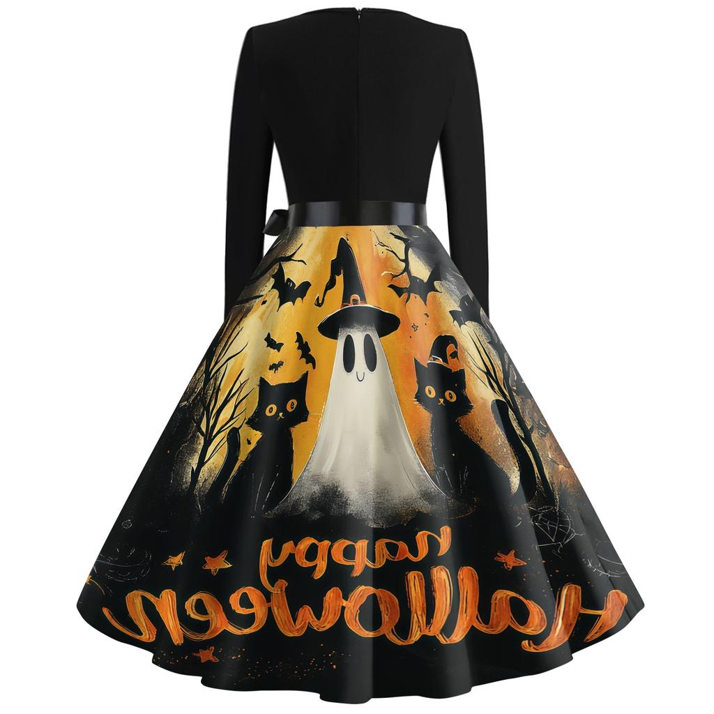 Women Casual Vintage V Neck Dress Halloween Printed Long Sleeve Fit Flare Midi Dress with Waist Tie for Seasonal Wear