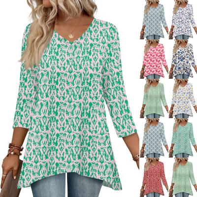Damen Oberteile V-Ausschnitt 3/4 Ärmel Blusen Lässige Mittellange Hemden Mode Druck Tunika Oberteile