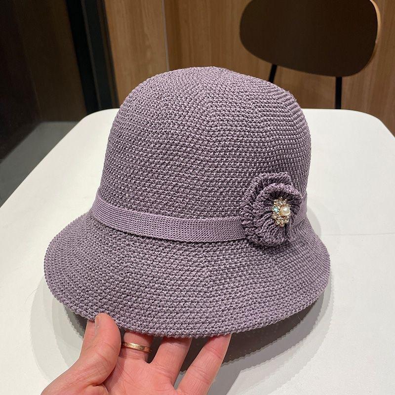 

Women s Summer Sun Hat Floral Decor Woven Straw Bucket Hat UV Protection Beach Cap Adult (52-56CM) фіолетовий
