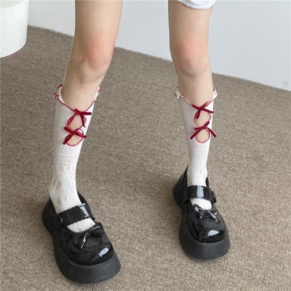 Hollow Lace Flocking Bow Fishnet Sock Cute French Retro Vintage Socks New Cool Women Socks