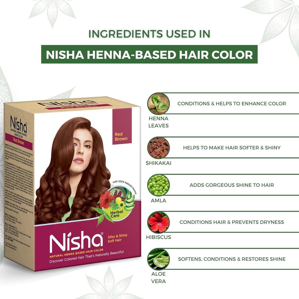 Nisha Natural Henna Hair Colour Red Brown 90g Pack of 1 Herbal Semi-Permanent Hair Dye for Silky Shiny Hair