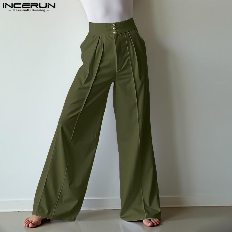 INCERUN Oversized Men Zipper High Waist Solid Casual Wide Leg Pants with Pockets