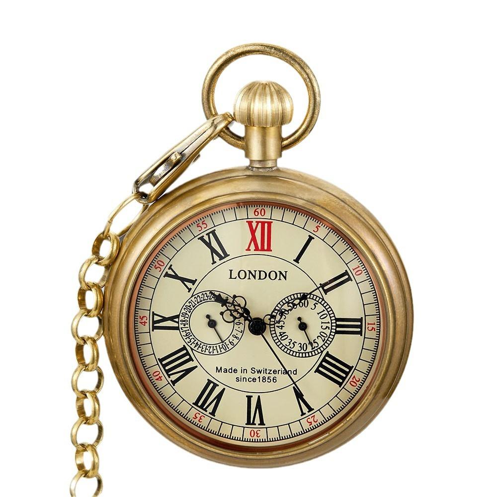 Brass Uncovered Roma Five-Pin Manual Mechanical Large Pocket Watch