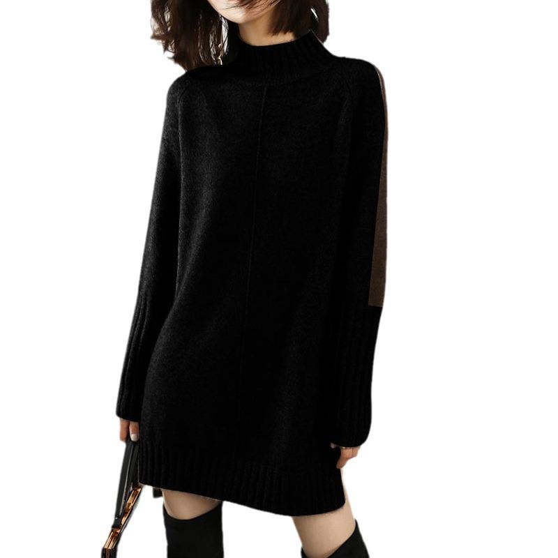 Women's Mid-Length Knitted Wool Sweater Dress with Half-High Neck and Slit – Fashionable and Loose for Autumn and Winter.