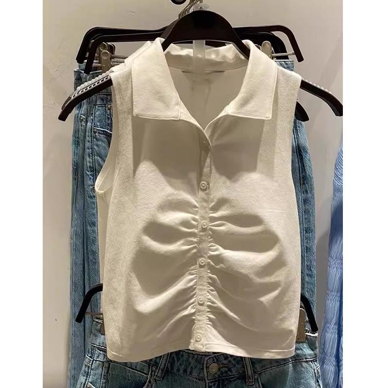 

Trendy 2026 Pleated Petite Sleeveless Polo Vest - Temperament Pure Desire Style Medium белый