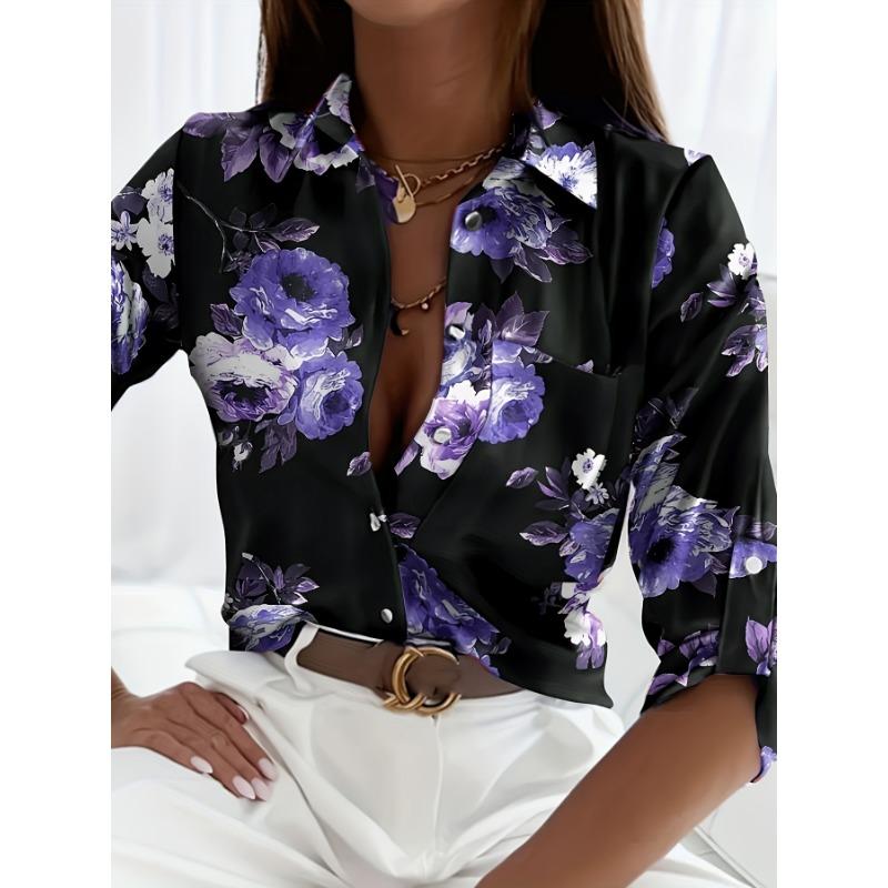 Fashion Women's Chain Flower Printed Shirt Women's Long Sleeve Tops Cotton Office Spring and Autumn Casual Loose Tops