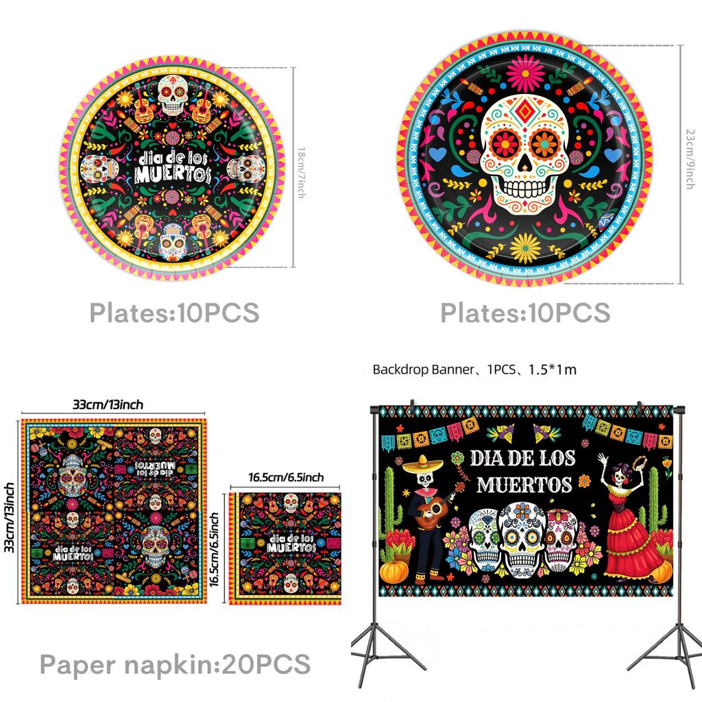 Mexican Day Of The Dead Party Decor Banner And Tableware Set With Paper Plates For Festive Celebrations