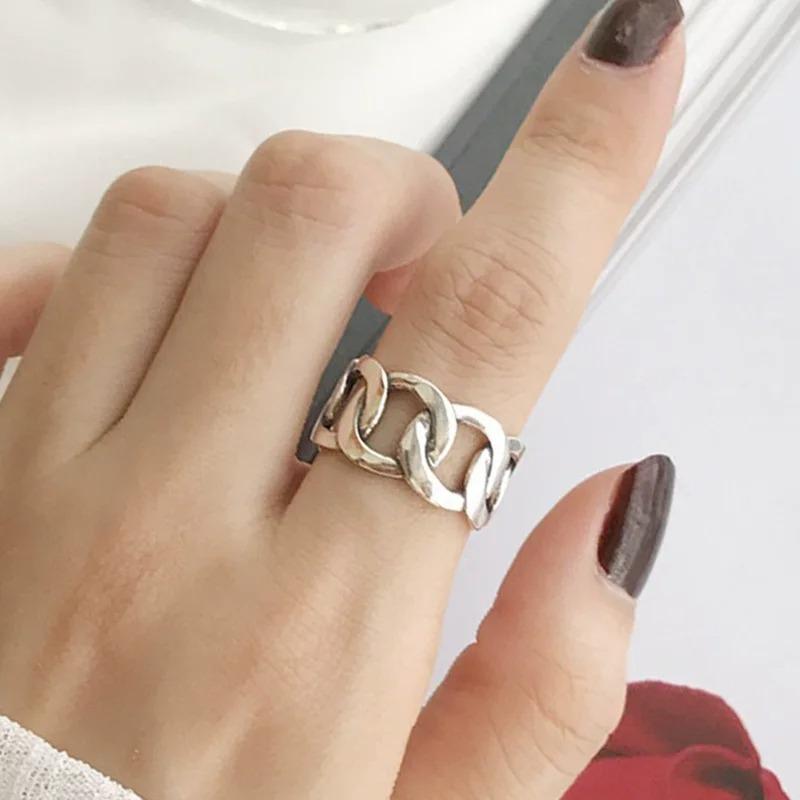 Sam Panda 925 Silver Rings For Women Men Fine Jewelry Finger Adjustable Open Vintage Chain Ring For Party Birthday Gift