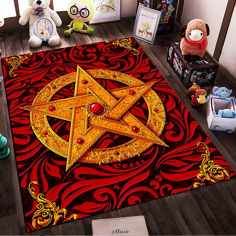 Vintage Red and Gold Pentagram Pattern Carpet with Ornamental Details Suitable for use as an anti-slip for living room bedroom sofas