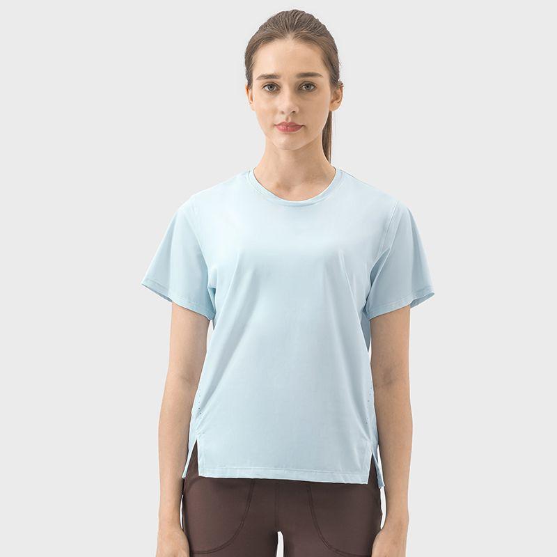 

Lu Same Style Yoga Jacket Loose Plus Size Summer Thin Cool Feeling Running Short Sleeve Women s Quick-Drying Workout Exercise T-shirt Glazed blue S/4