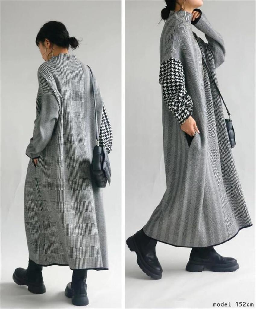 YUANYUAN Houndstooth Docking Knit Long High Long Color High Check Loose For Office Winter One Size Fits Women's Dress, Dress, Dress, Length, Neck,