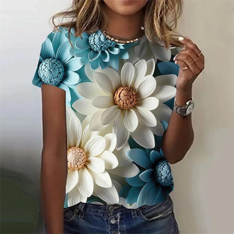 Summer Round Neck 3D Print Flower Pattern Top Fashionable Casual Short Sleeved Women's T-shirts