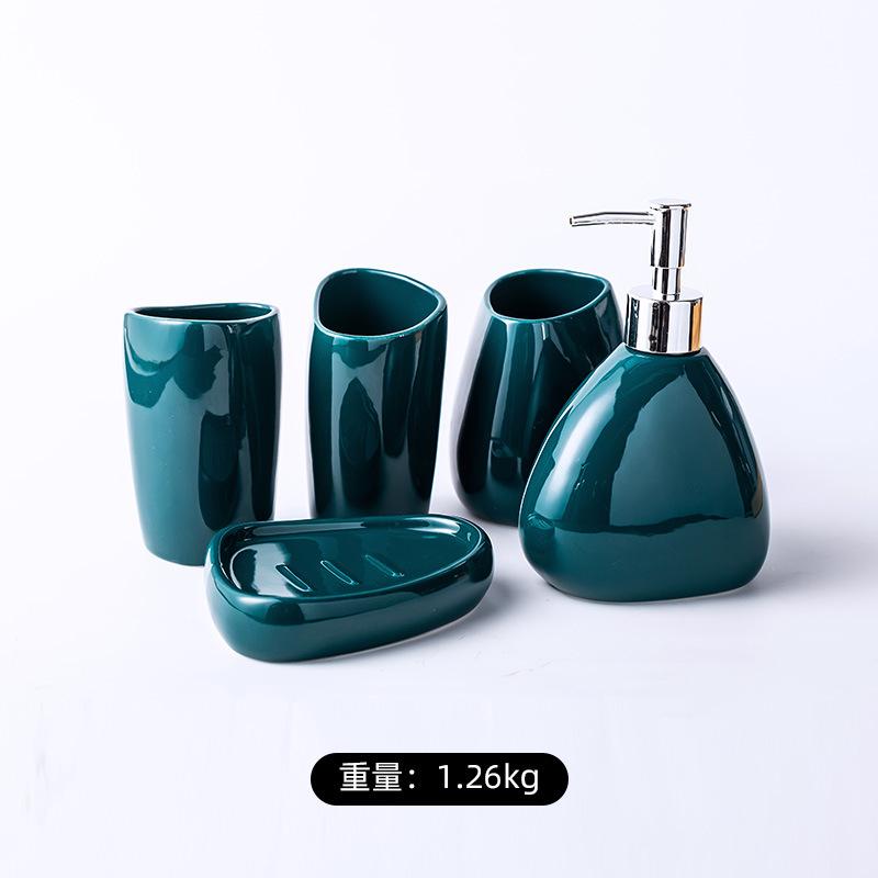 European Porcelain Bathroom Accessories Dark Green Ceramic Toothbrush Holder Soap Dispenser Soap Dish Travel Shampoo Bottle Home