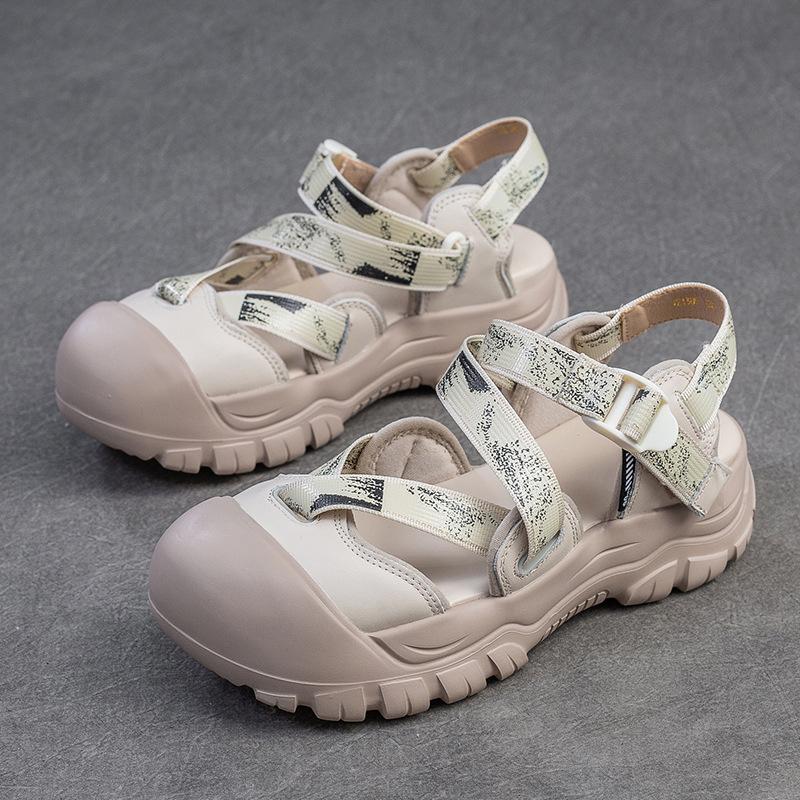 Johnature Leisure Thick Sole Round Toe Sandals Breathable Shallow Hook& Loop Casual Women's Shoes