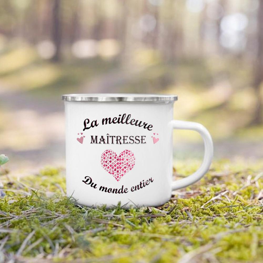 Merci Maitresse French Printed Mug Creative Coffee Cups Drinks Dessert Milk Enamel Cup Vintage Handle Drinkware Gift for Teacher