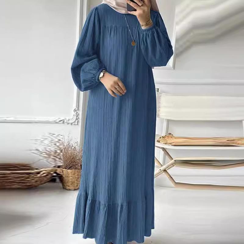 2025 Women's Muslim Ruffle Dress: Spring/Autumn New, Bubble Sleeve, Pocketed Hem, Retro Style