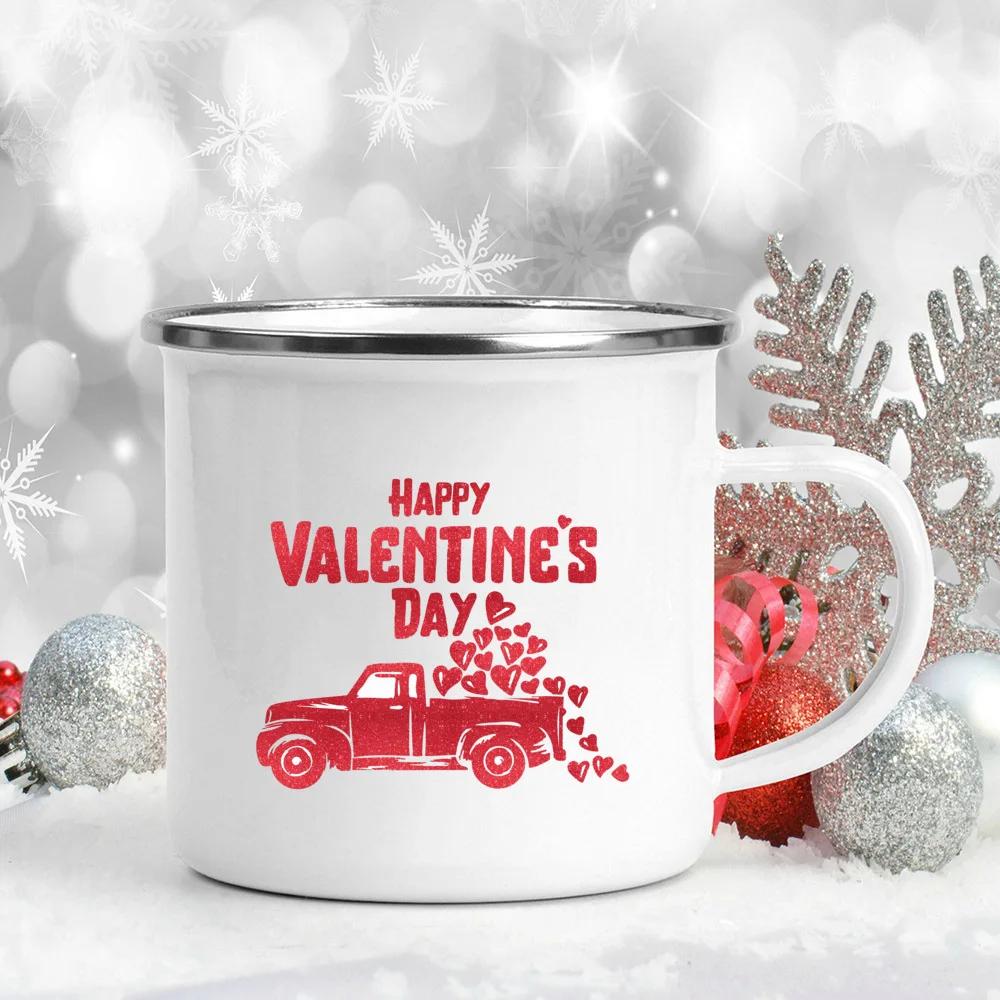 Love Heart Printed Camping Mug Valentine Party Juice Milk Cup Coffee Cups Enamel Mugs Valentine's Day Gifts for Family Friends