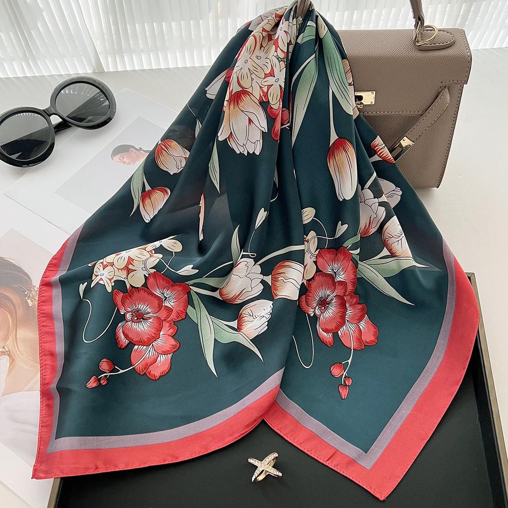Chinese Style Light and Mature Elegant Printed Silk Scarf Women's Spring and Autumn New Imitation Silk Versatile Flower Square Scarf for Elders Gifts
