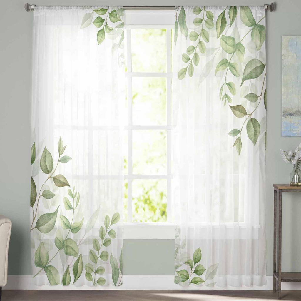 Natural Style Of Plant Leaves Sheer Curtains for Kids Bedroom Living Room Voile Window Curtains Tulle Drapes