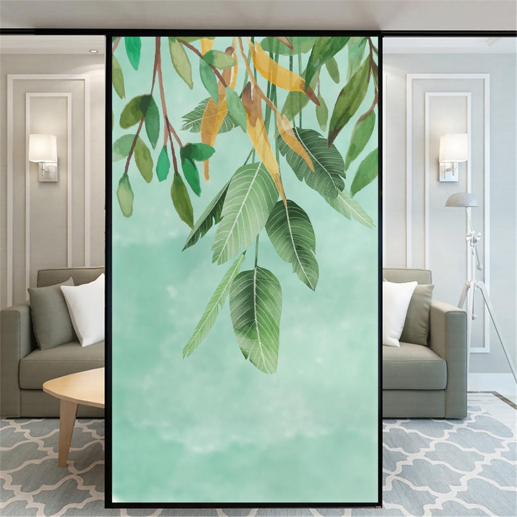 Green Plant Pattern Privacy Windows Film No Glue Static Cling Decorative Stained Glass Window Stickers