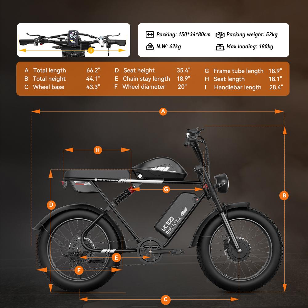 Bluvall K10 Elektrofahrrad Spitze 3000W Doppelmotor 52V 43Ah Doppelbatterie 20 Zoll Dicke Reifen Vollfederung E-Bike für Erwachsene