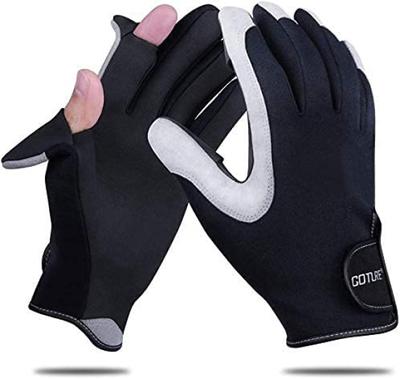Goture Fishing Gloves with Flip Size Winter Cycling Warm Fishing Opening Sea River Cold Weather Protection Men's Cover, Gray, Two-Finger Opening, L,