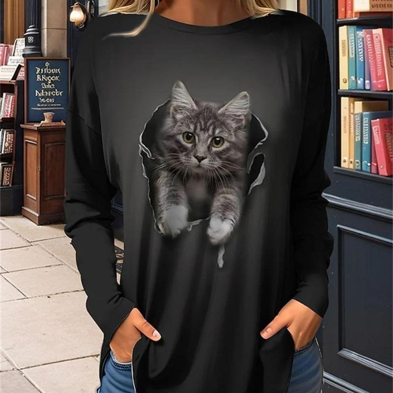 Women's 3d Colorful Cartoon Kawaii Cat Print Autumn Long Sleeve Tops Women's T-Shirt O-Neck Oversized Ladies Clothing