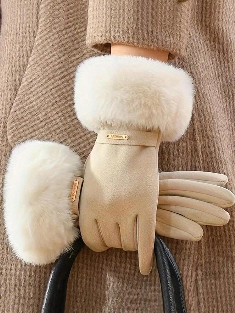 Women's Thick Windproof Touch Screen Gloves With Plush Cuffs For Warmth, Outdoor Cycling Sports Wear, Autumn And Winter Style