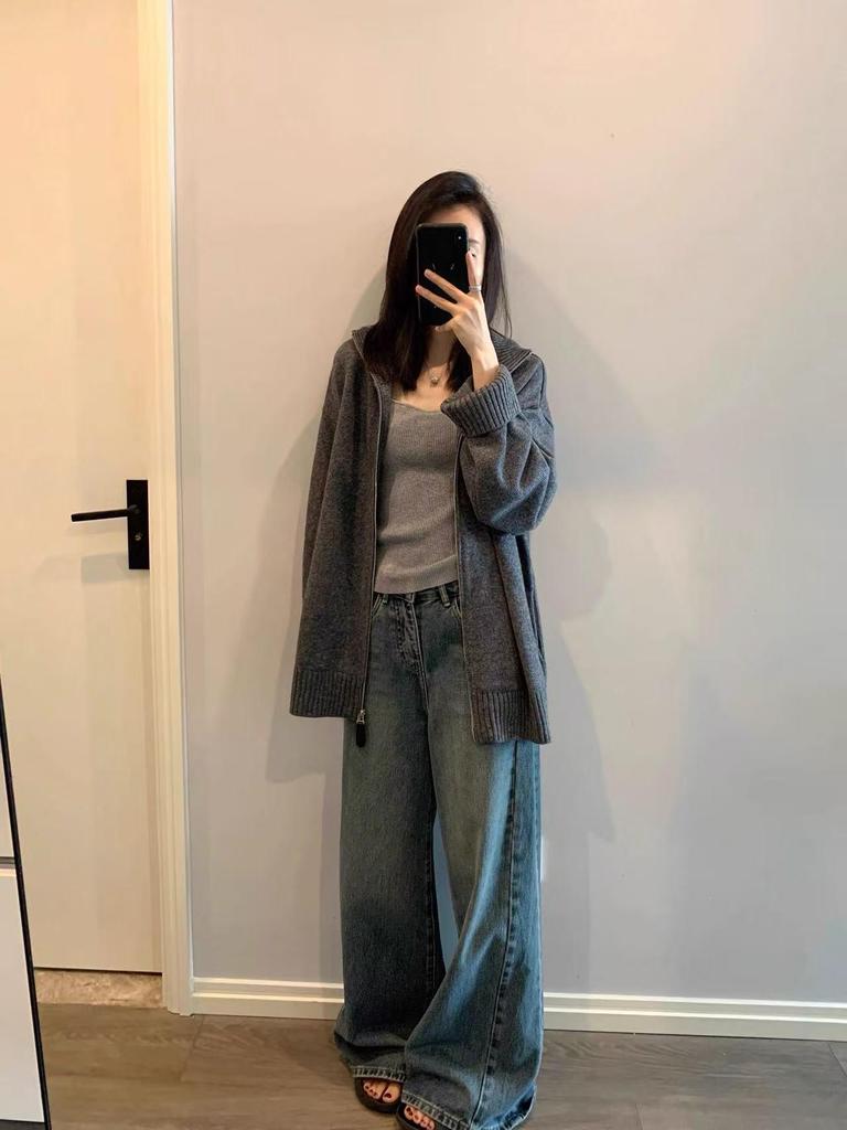 Women's Designer Mid-Length Wool Cardigan with Double Zipper and Stand Collar - Perfect Loose Sweater for Autumn and Winter.