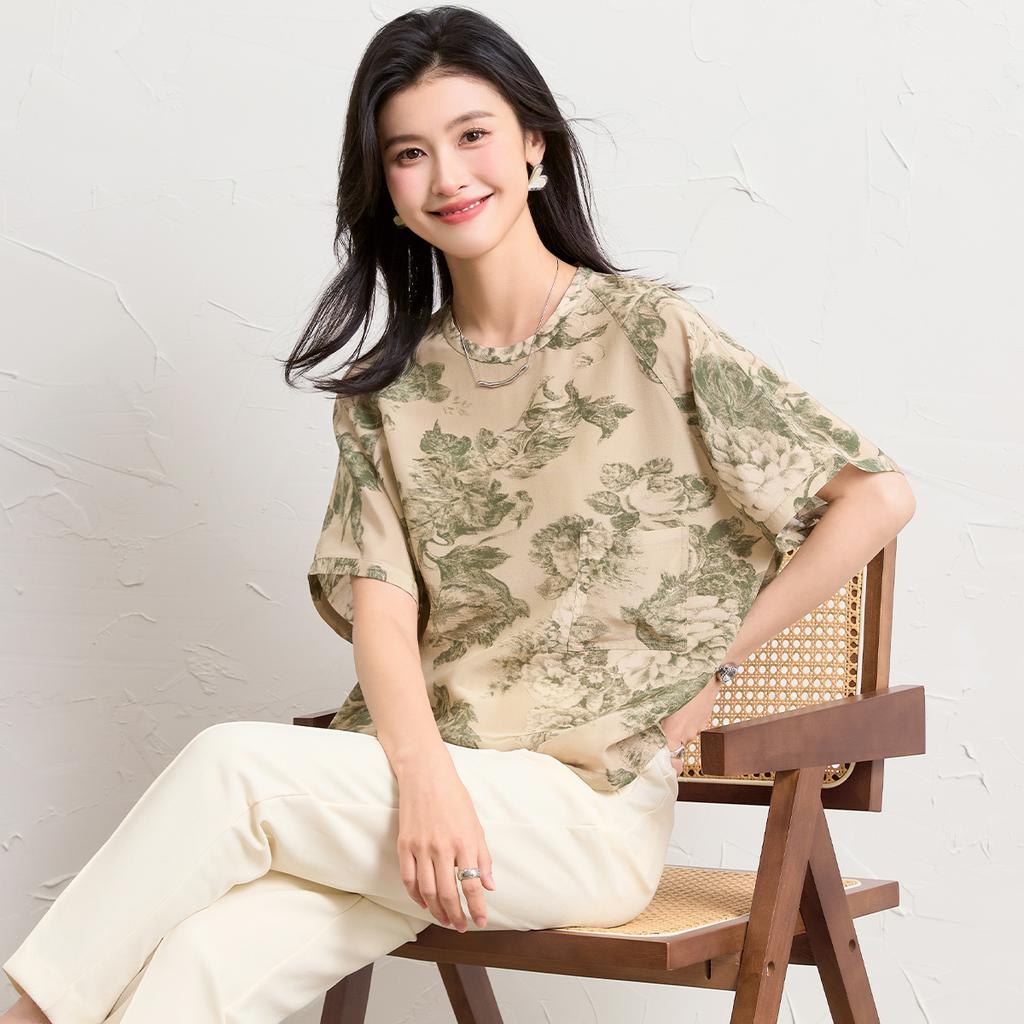 Mulberry Silk 100% Double Crepe Jacquard Summer Loose Breathable T-shirt for Women