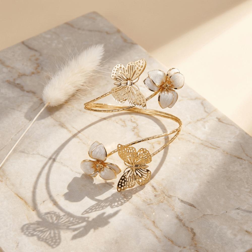 Gold Color Butterfly Flower Arm Cuff Metal Flower Cuff Arm Ring New Floral Open Cuff Armlet  Women