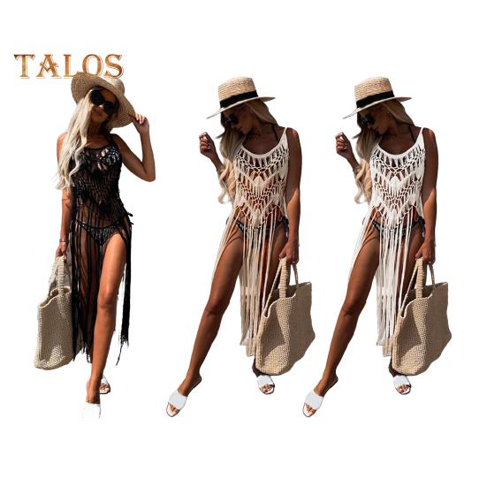 Boho-Strandkleid für Damen, hohler Fransensaum, sexy Überzugskleid, Sommer-Badeanzüge, Kittel, Häkelquaste, Sling-Strandmode