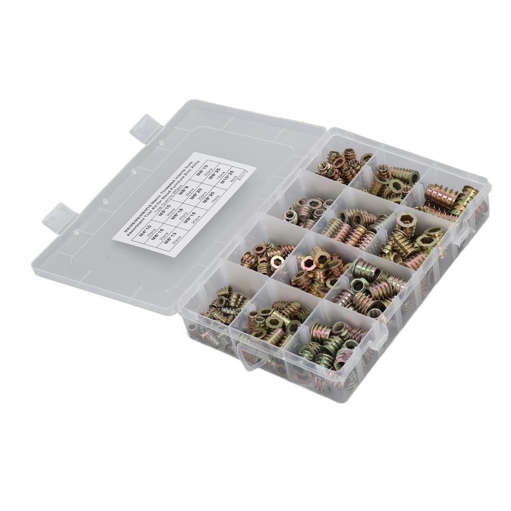 265Pcs Threaded Inserts Nuts Assortment Tool Kit Zinc Alloy Furniture Bolt for Pine Wood Plywood M4 M5 M6 M8 M10