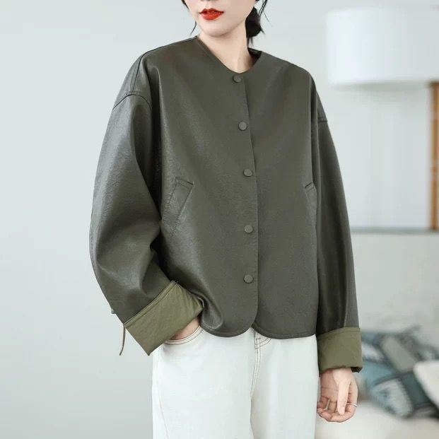 2025 Reversible PU Leather Batwing Sleeve Jacket for Women - Spring & Autumn Round Neck