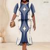 Women Plus Size Blue White Printed Two Piece Set Round Neck Batwing Short Sleeve Ruffle Hem Top Fishtail Skirt