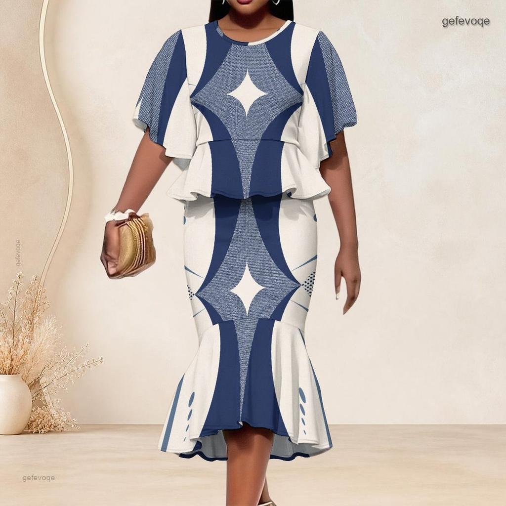 Women Plus Size Blue White Printed Two Piece Set Round Neck Batwing Short Sleeve Ruffle Hem Top Fishtail Skirt