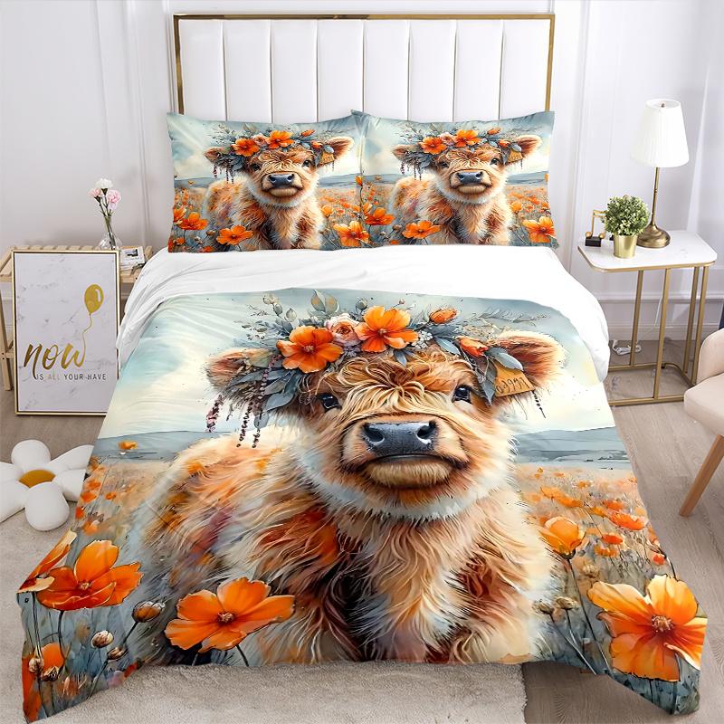 3pcs Floral Crowned Calf Bedding Set, Includes Quilt Cover and Pillowcases, Suitable for All Seasons