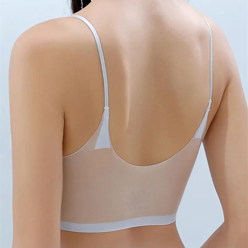Sujetador acolchado de seda de hielo ultrafino, ropa interior sin costuras, sección delgada para mujer, tirantes hermosos, chalecos en la espalda, sujetador para dormir pequeño con pecho grande