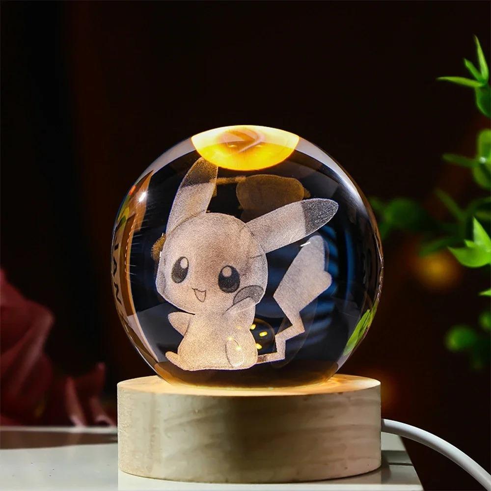 Hot 6cm 3D Crystal Ball Stitch Pikachu Wooden Base with 6cm Crystal Ball Planet Night Light Laser Carving Children's Gifts