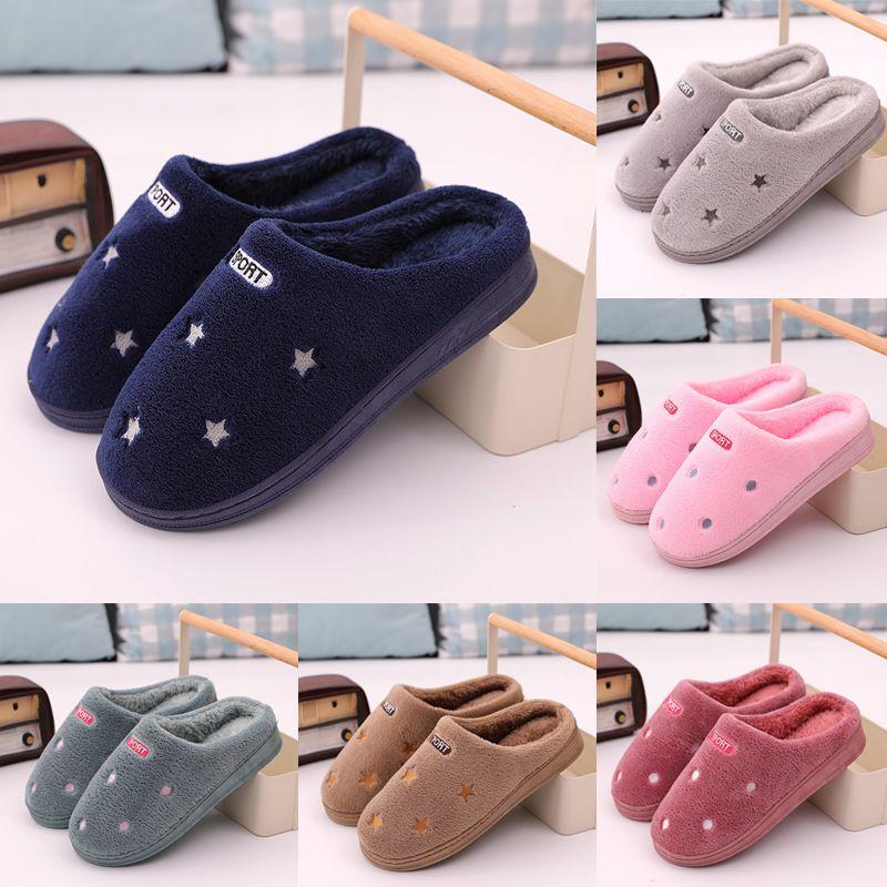 Stylish Black And White Plush Couple Winter Slippers With Soft Dot And Star Patterns
