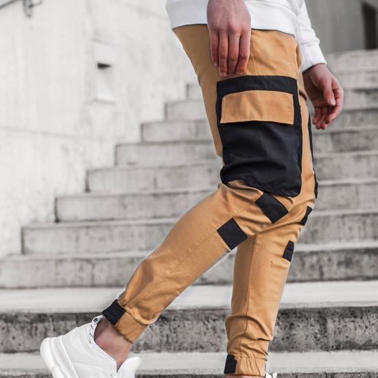 Cargo Pants Large Side Pockets Fine Texture Contrast Color Men Splicing Sports Trousers for Daily Life