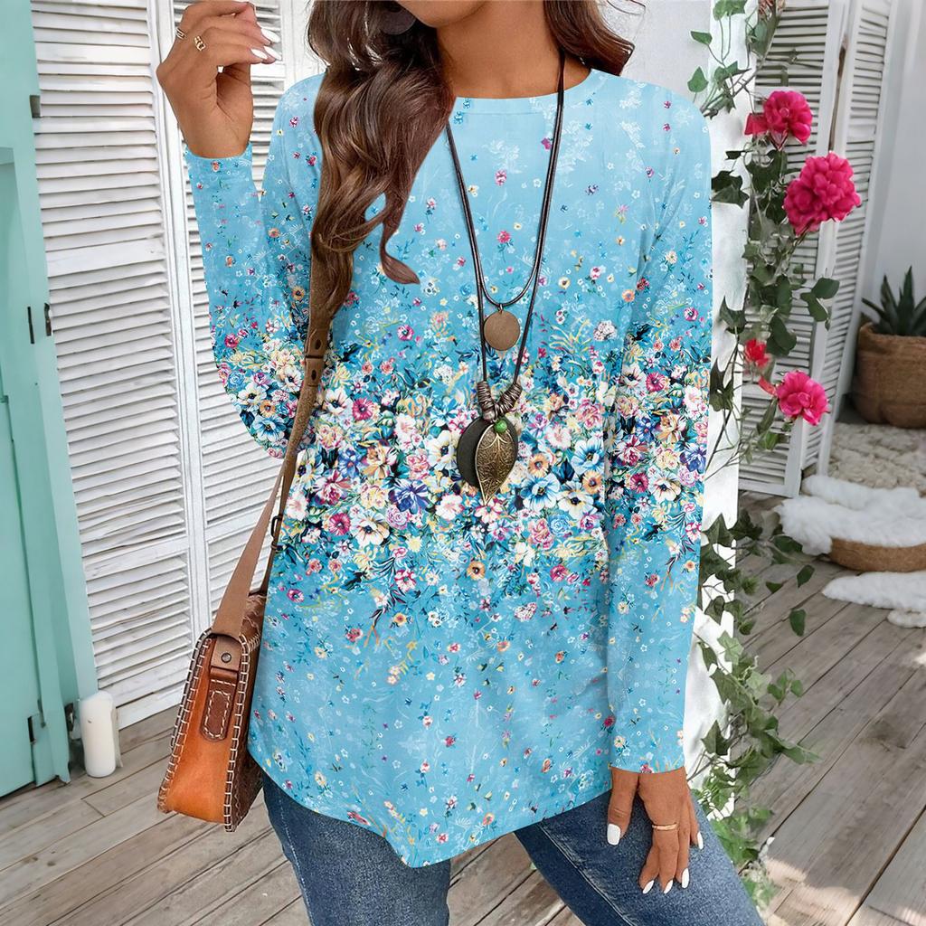 Women's Casual Plus SizeLong Sleeved Round Neck Vintage Ethnic Printing T-shirt Top Pullover