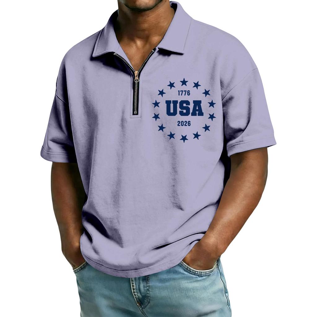 Men's Casual Loose Fit Polo Shirt with Zip Front Collar and Star Circle Letter Print USA Graphic Short Sleeve Top for Summer