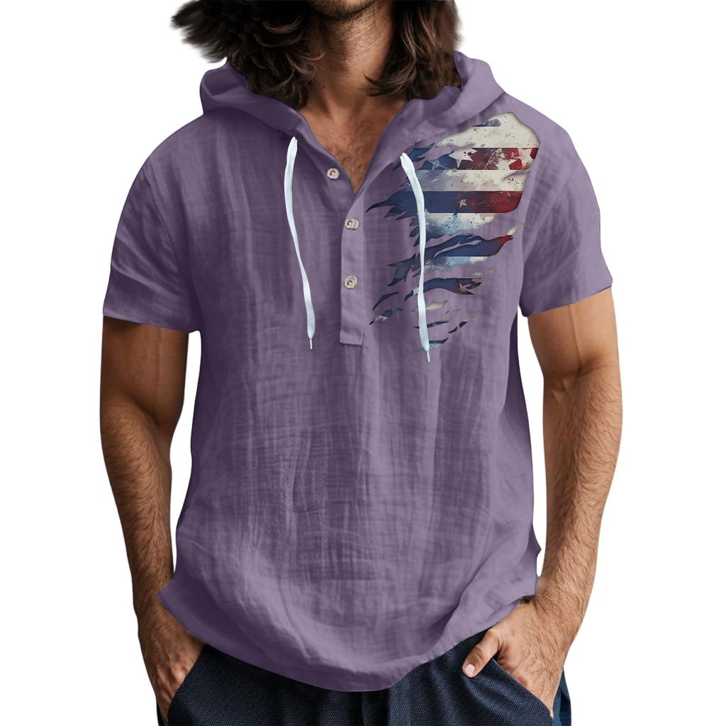 Men'S Casual Short Sleeved Hooded Top Buttoned Open Neck T-Shirt