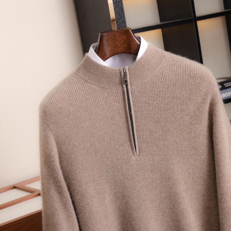 2024 Autumn/Winter Thickened Cashmere Sweater, Men'S Cashmere Half High Neck Zipper Sweater, Middle-Aged And Young Business Casual Plus Size