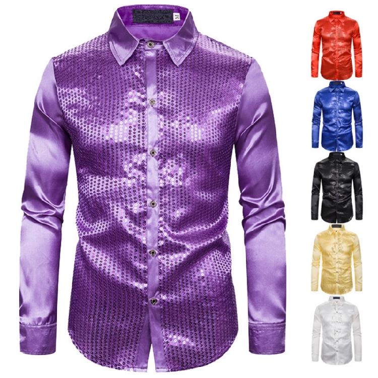 Men's Shines Sequins Long Sleeve Button Down Shirt for Halloween Cosplay 70s Disco Party Dress Shirt